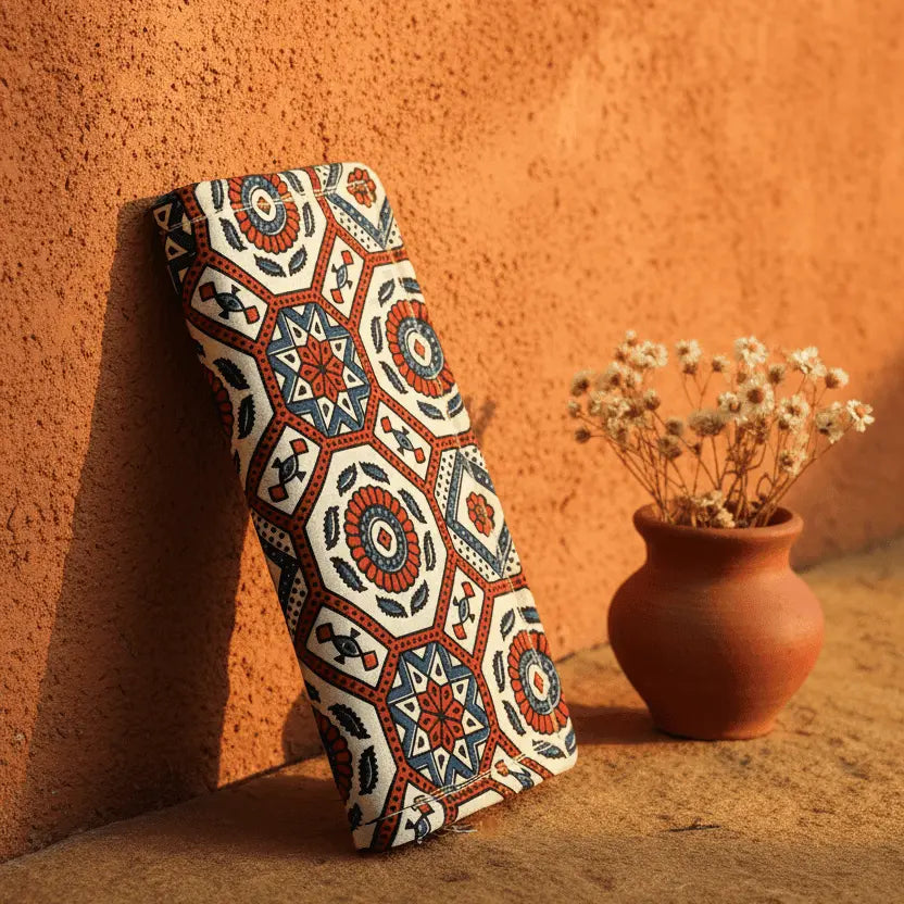 Cream Ajrakh silk long wallet – Indian heritage artisan wallet by Velunora
