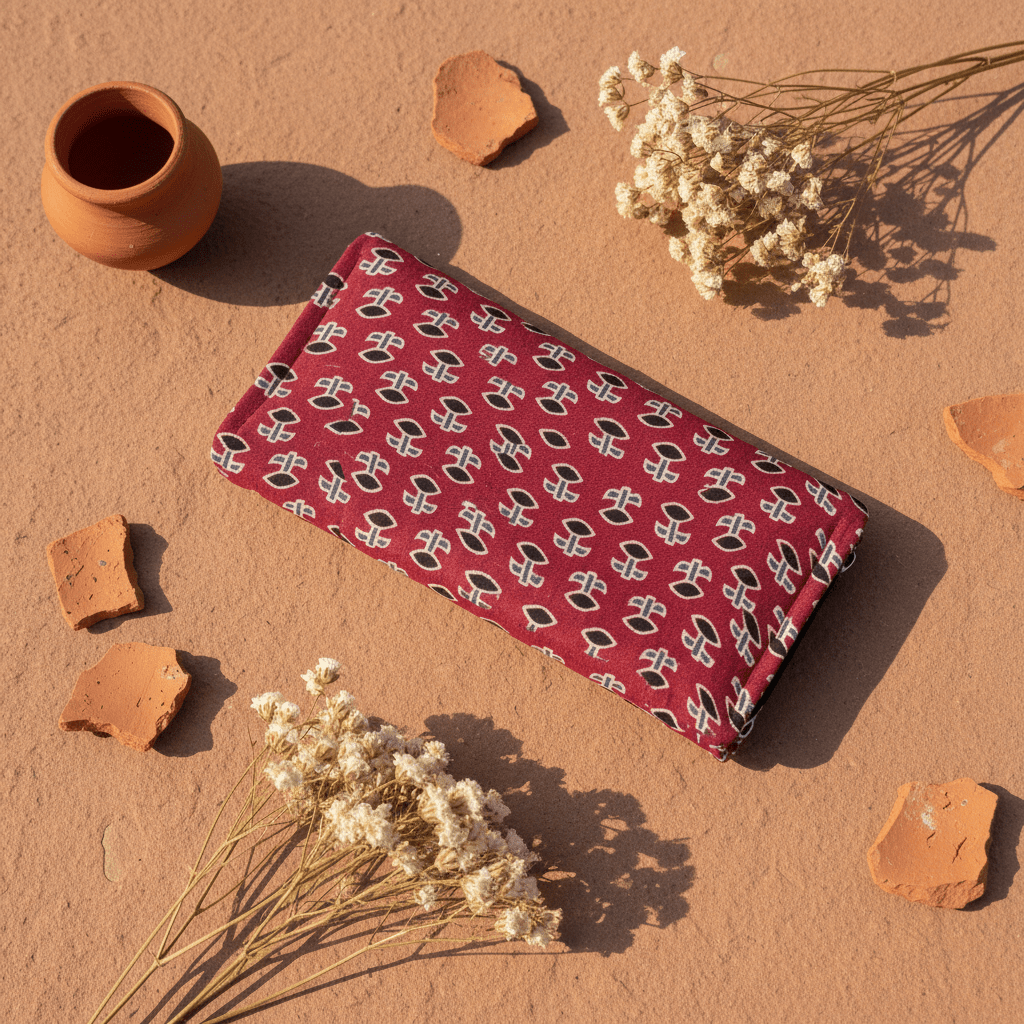 Red floral Ajrakh silk wallet – handcrafted artisan wallet by Velunora