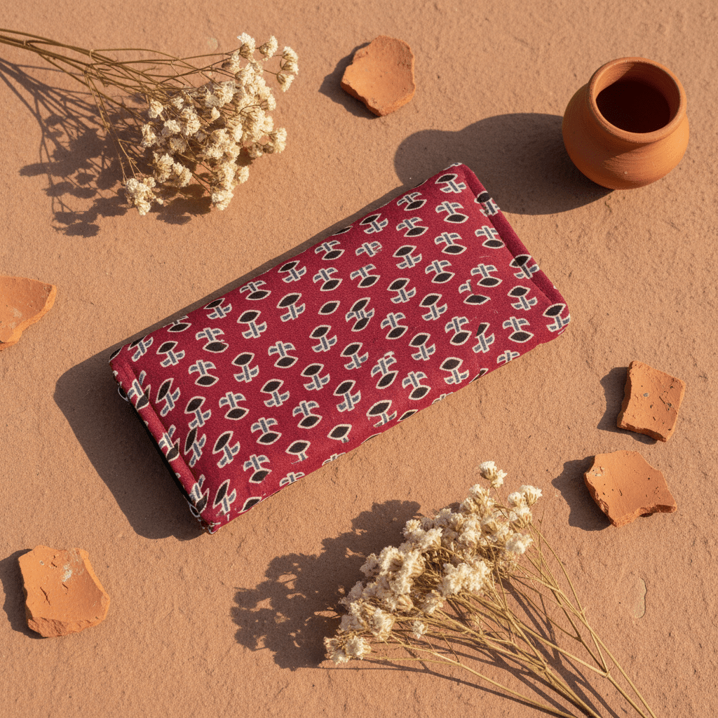 Crimson red floral Ajrakh silk long wallet – naturally dyed artisan wallet by Velunora