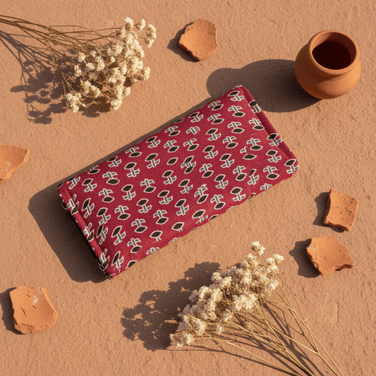 Crimson red floral Ajrakh silk long wallet – naturally dyed artisan wallet by Velunora