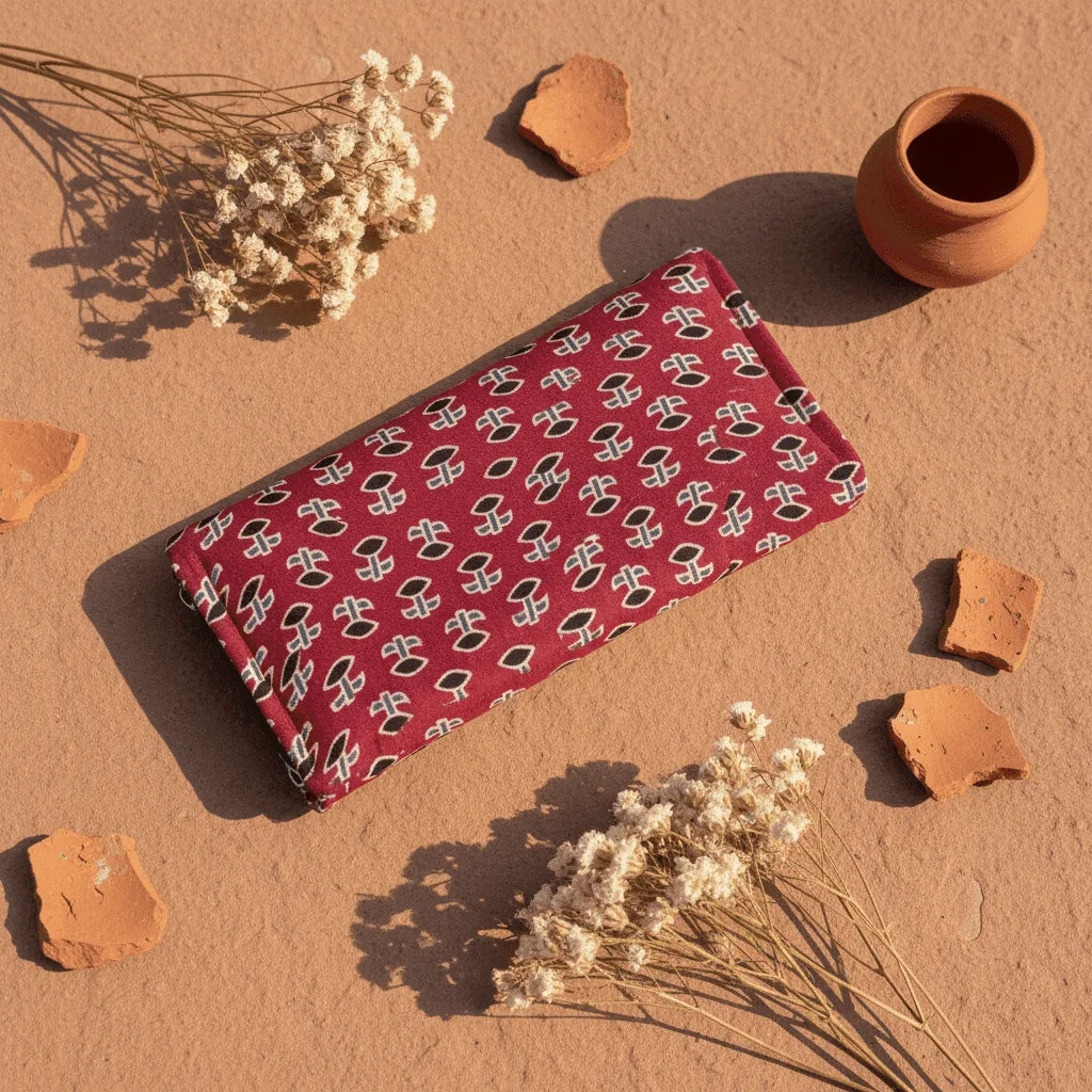 Crimson red floral Ajrakh silk long wallet – naturally dyed artisan wallet by Velunora