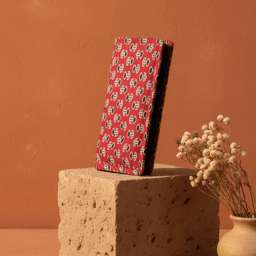 Floral Ajrakh silk detail – naturally dyed crimson red wallet by Velunora
