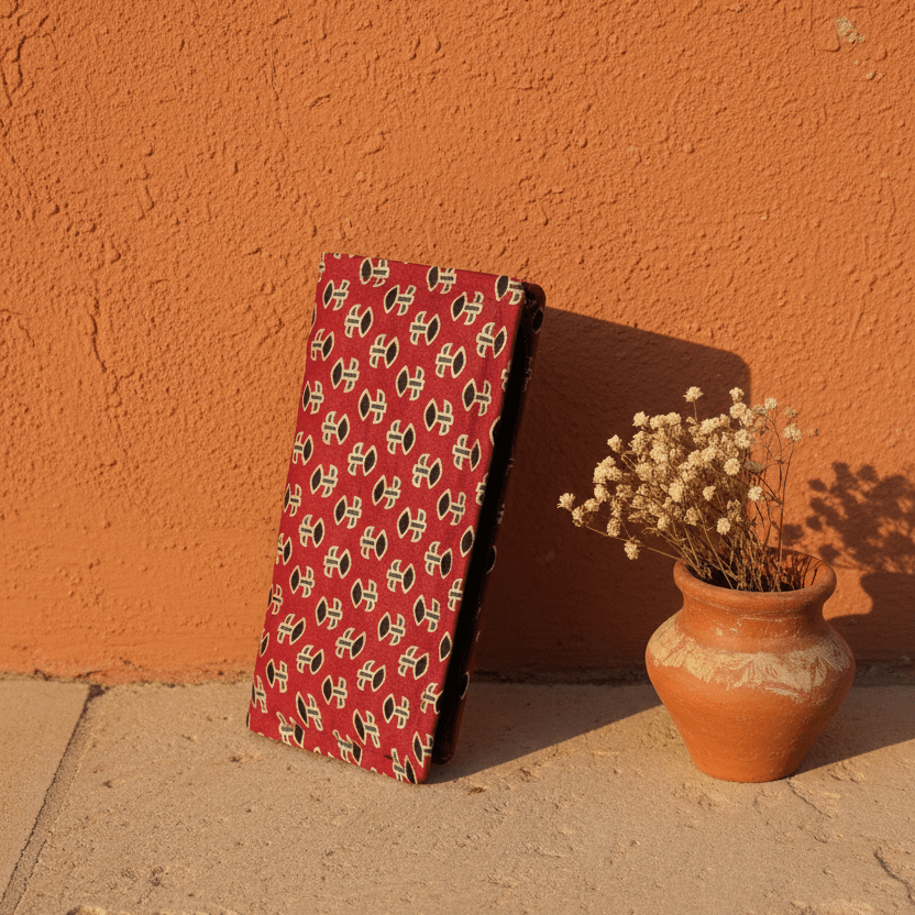 Crimson Ajrakh silk long wallet – Indian heritage floral wallet by Velunora