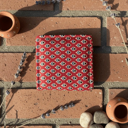 Crimson red buta Ajrakh silk small wallet – naturally dyed paisley artisan wallet by Velunora