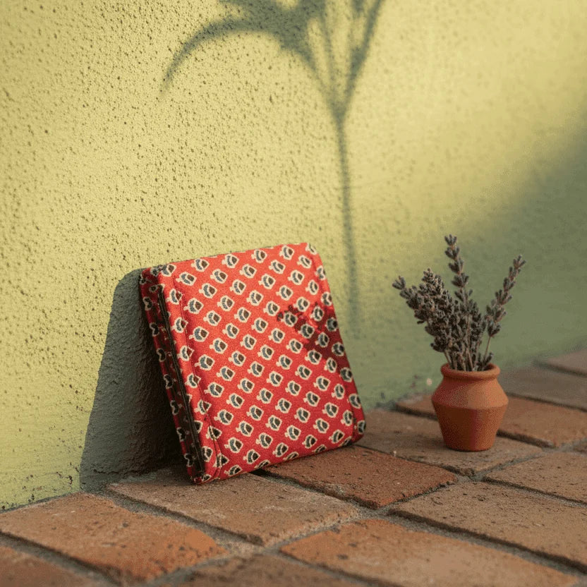 Crimson Ajrakh silk small wallet – Indian heritage buta paisley wallet by Velunora