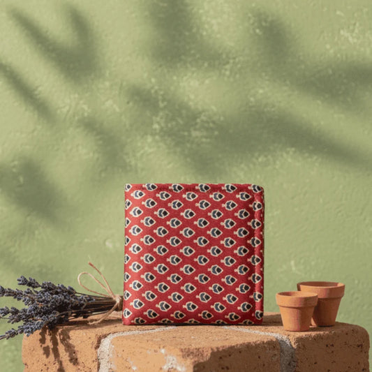Buta paisley Ajrakh silk detail – naturally dyed crimson red small wallet by Velunora