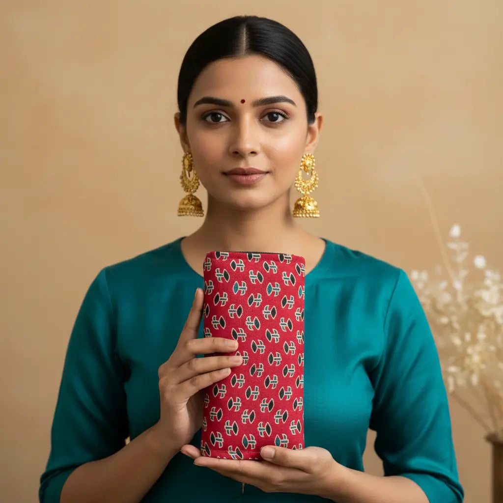 Crimson red floral Ajrakh silk long wallet – naturally dyed block-print artisan wallet by Velunora