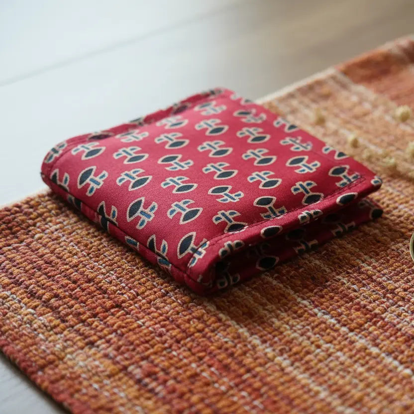 Crimson Red Floral Ajrakh Silk Wallet