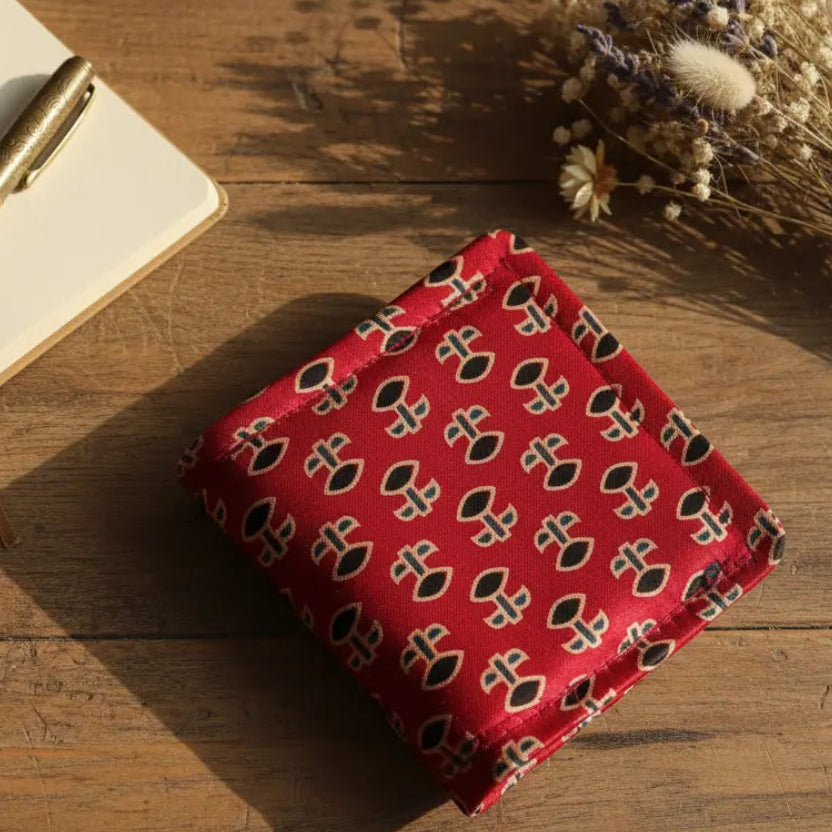 Crimson Red Floral Ajrakh Silk Wallet