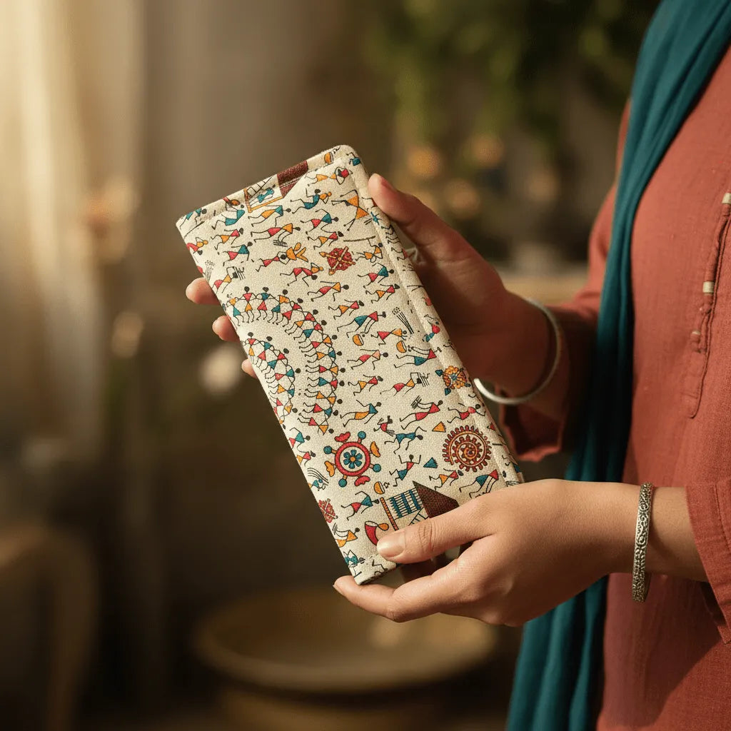 Crop Festival Celebration Warli cotton wallet – Indian folk art handmade wallet by Velunora