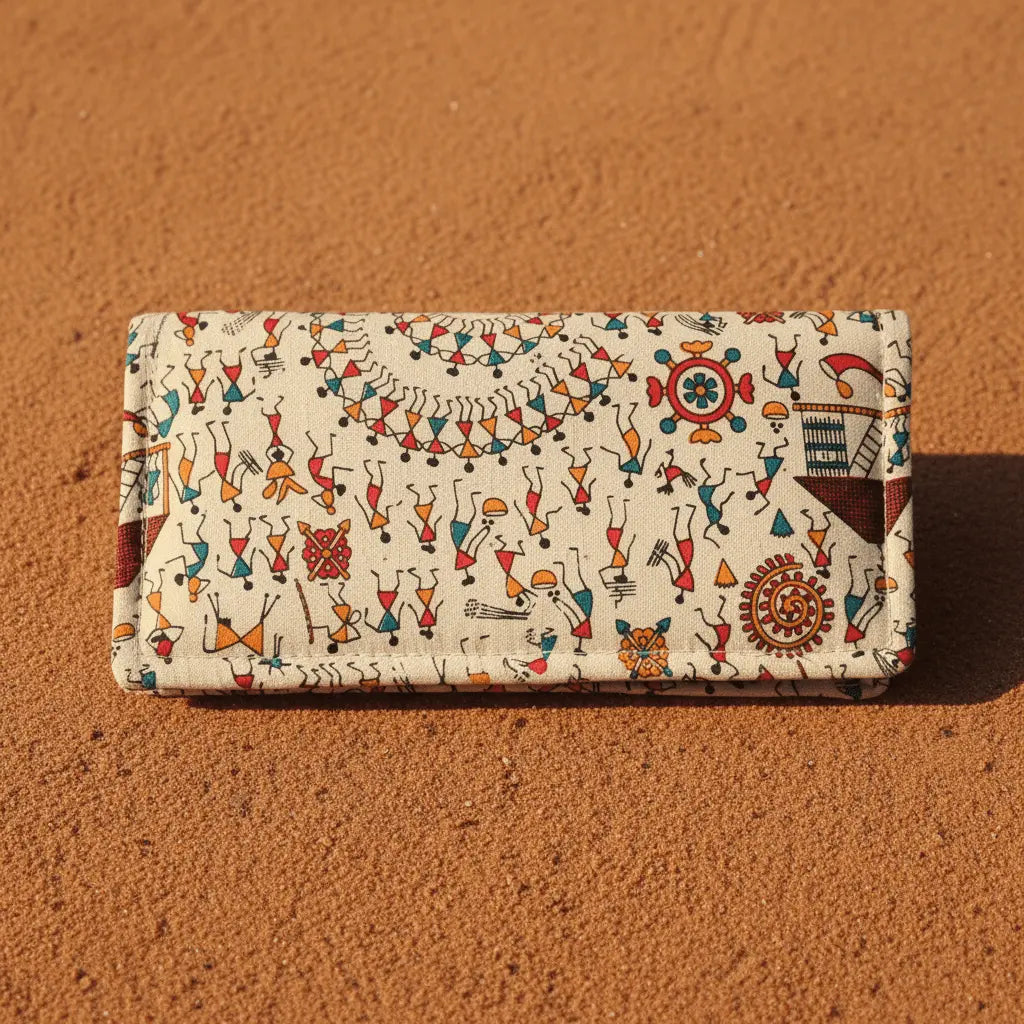 Crop Festival Celebration Warli cotton wallet – Indian folk art handmade wallet by Velunora