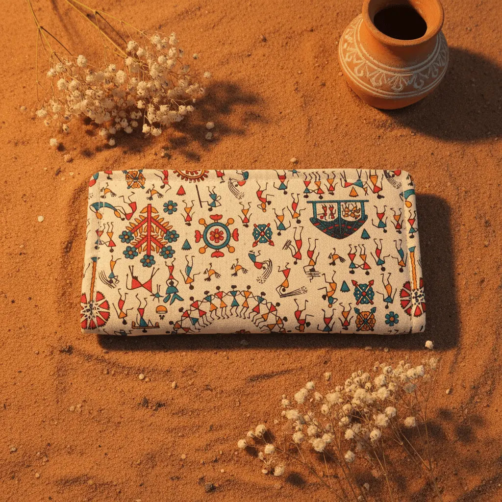 Crop Festival Celebration Warli cotton wallet – Indian folk art handmade wallet by Velunora