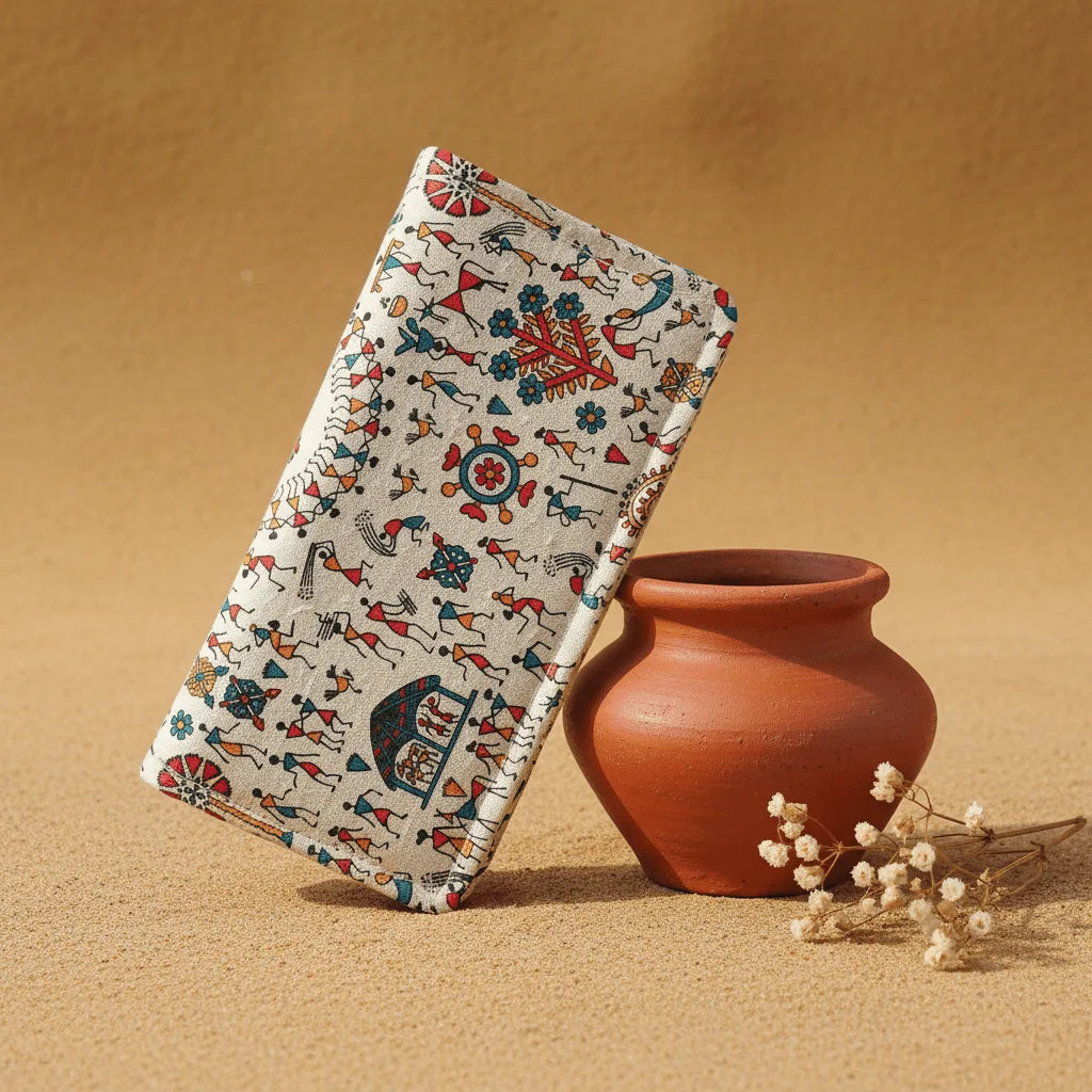 Crop Festival Celebration Warli cotton wallet – Indian folk art handmade wallet by Velunora