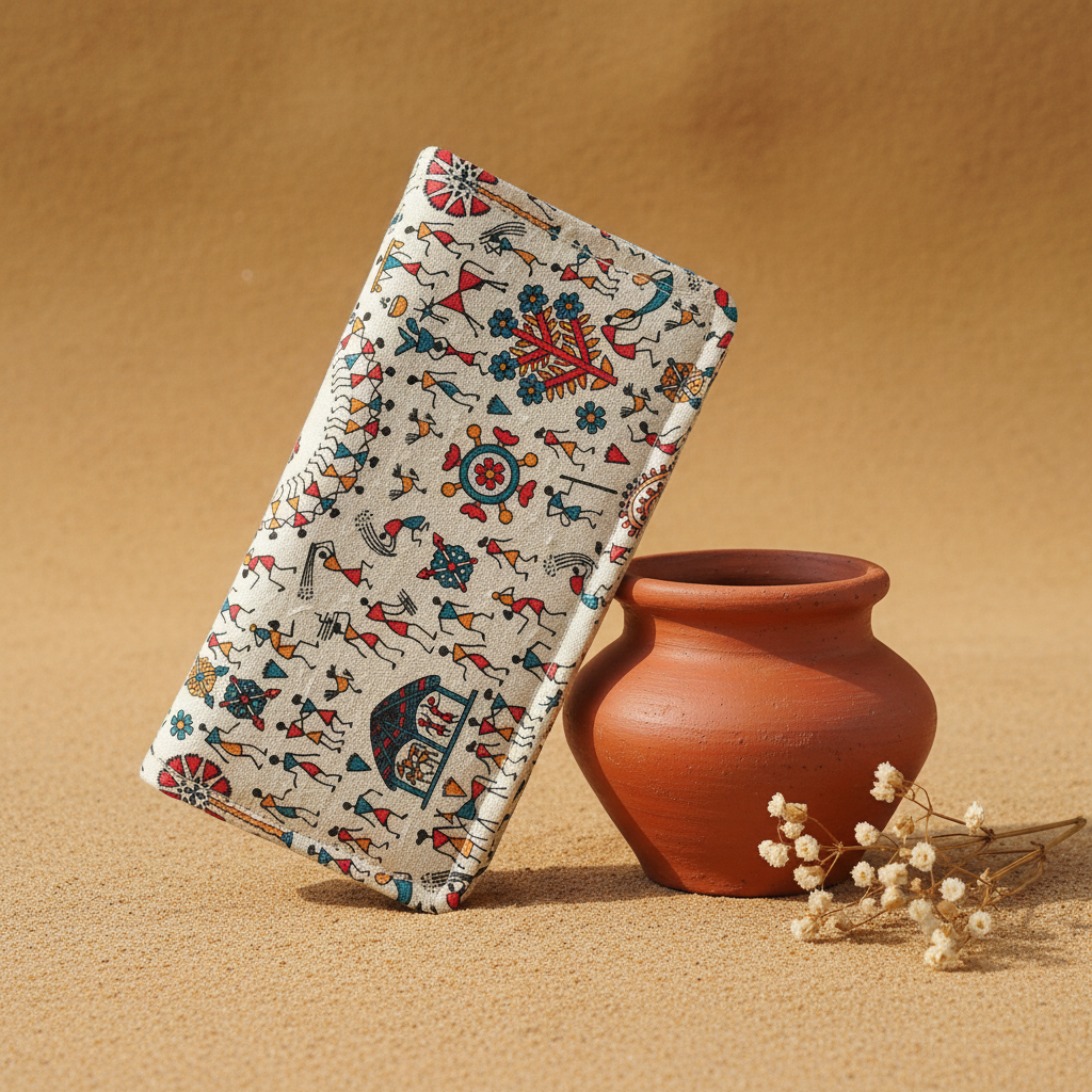 Multicolour Warli Crop Festival long wallet propped against clay pot – Indian heritage lifestyle by Velunora