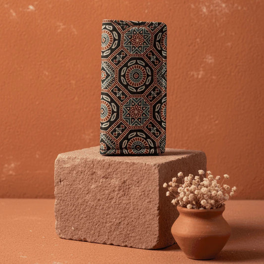 Mandala Ajrakh silk detail – naturally dyed dark brown wallet by Velunora