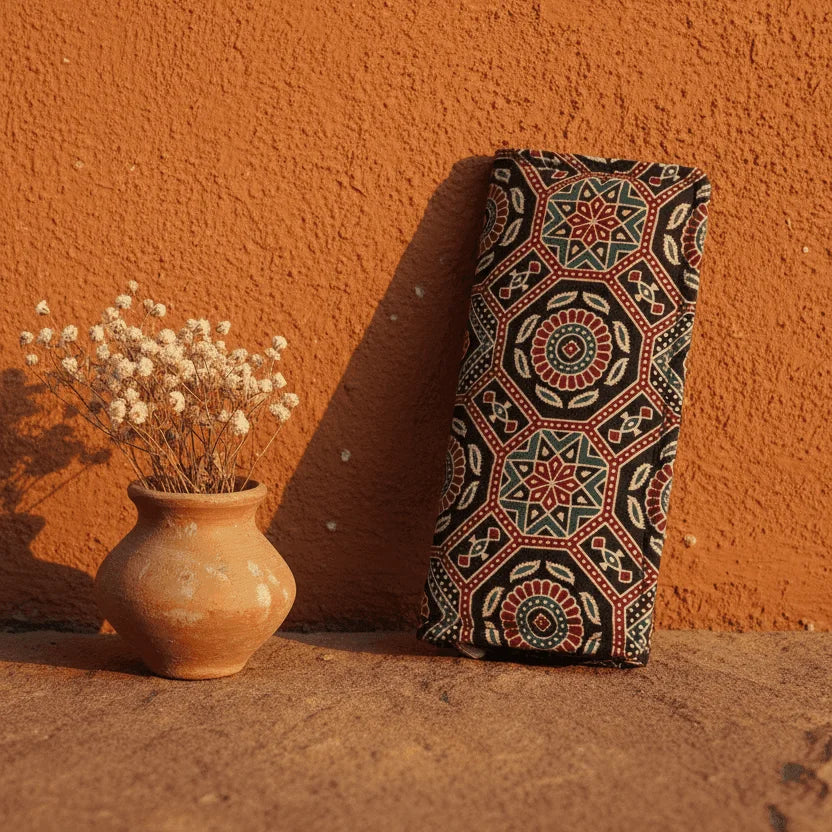 Mandala Ajrakh silk detail – naturally dyed dark brown wallet by Velunora