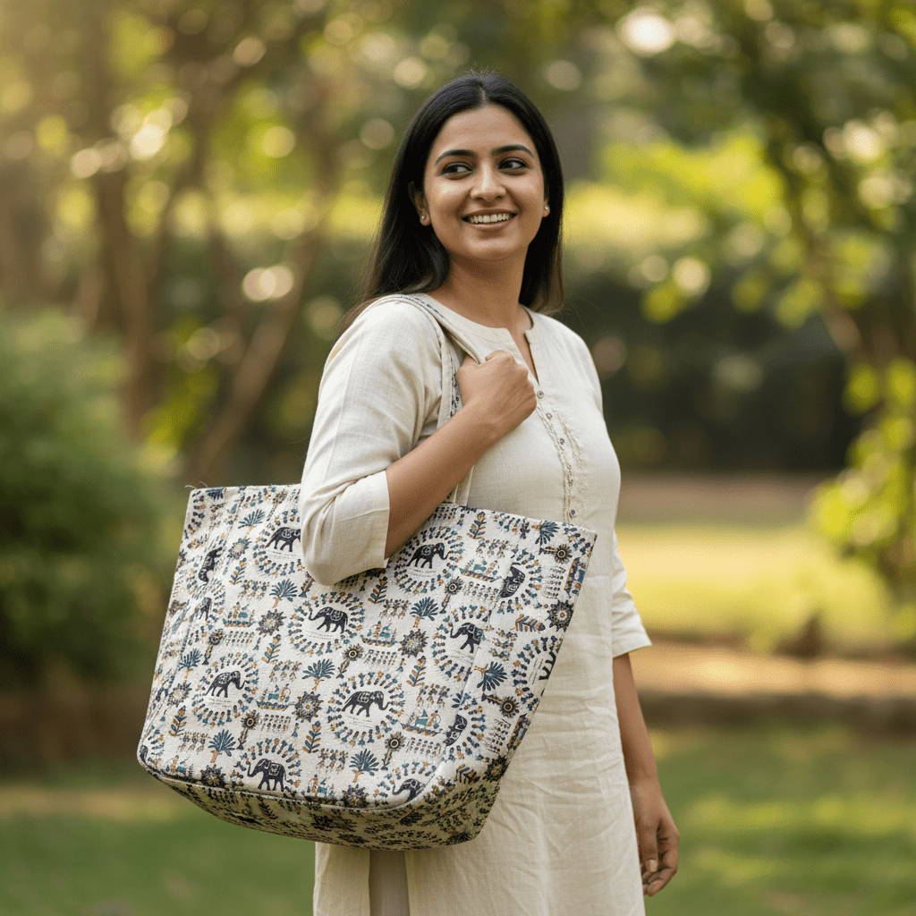 Elephant folk art Warli print cotton tote bag – handmade in India by Velunora