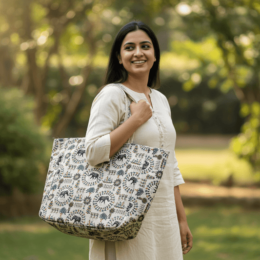Elephant Folk Art Cotton Tote Bag - Main_Keyword - Material -  Color - Intent