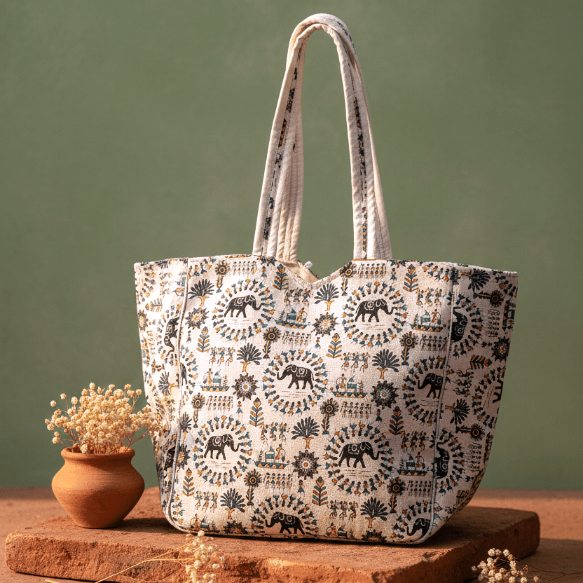 Elephant Folk Art Cotton Tote Bag - 