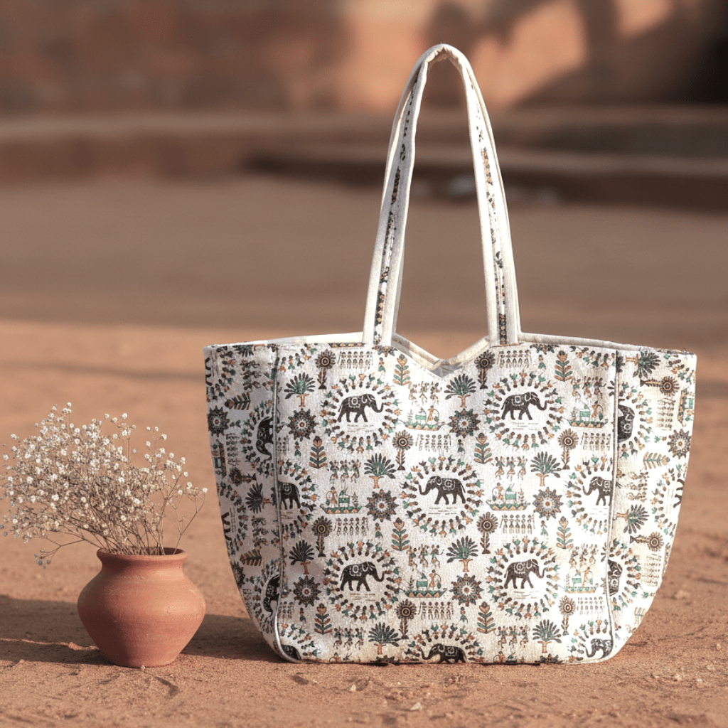 Elephant folk art cotton tote bag – Warli tribal print handmade tote by Velunora