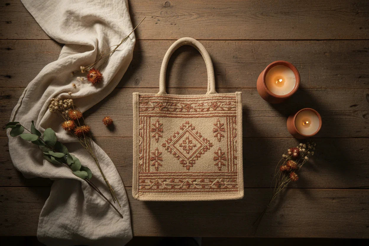 Flat lay tote — rustic table