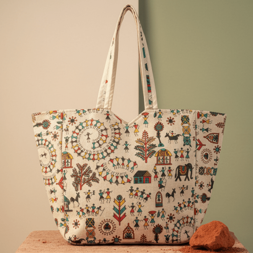 Folk Art Elephant Motif cream cotton tote bag standing upright with handles – Indian heritage tote by Velunora
