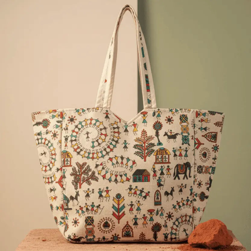 Folk Art Elephant Motif cream cotton tote bag standing upright with handles – Indian heritage tote by Velunora