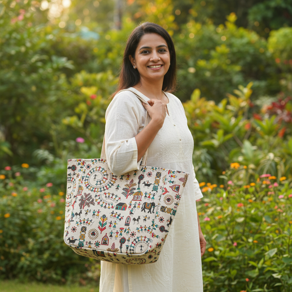 Folk Art Elephant Motif Tote – Green - Main_Keyword - Material -  Color - Intent