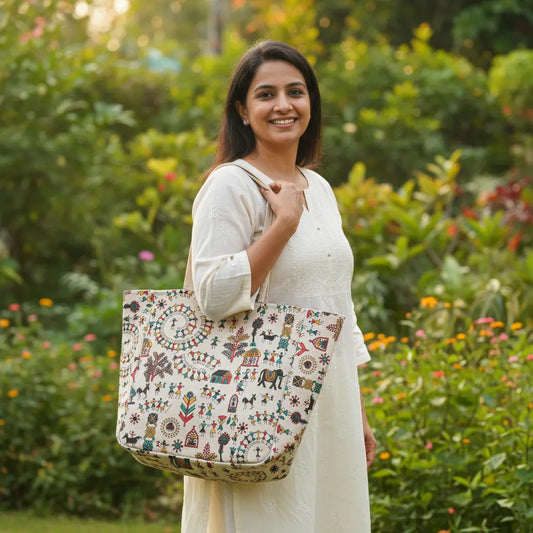 Folk art elephant motif Warli print cotton tote bag – green – handmade by Velunora