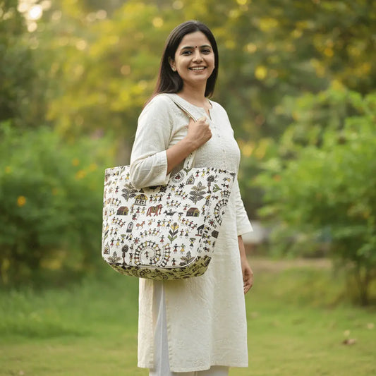 Folk art elephant motif Warli print cotton tote bag – maroon – handmade by Velunora