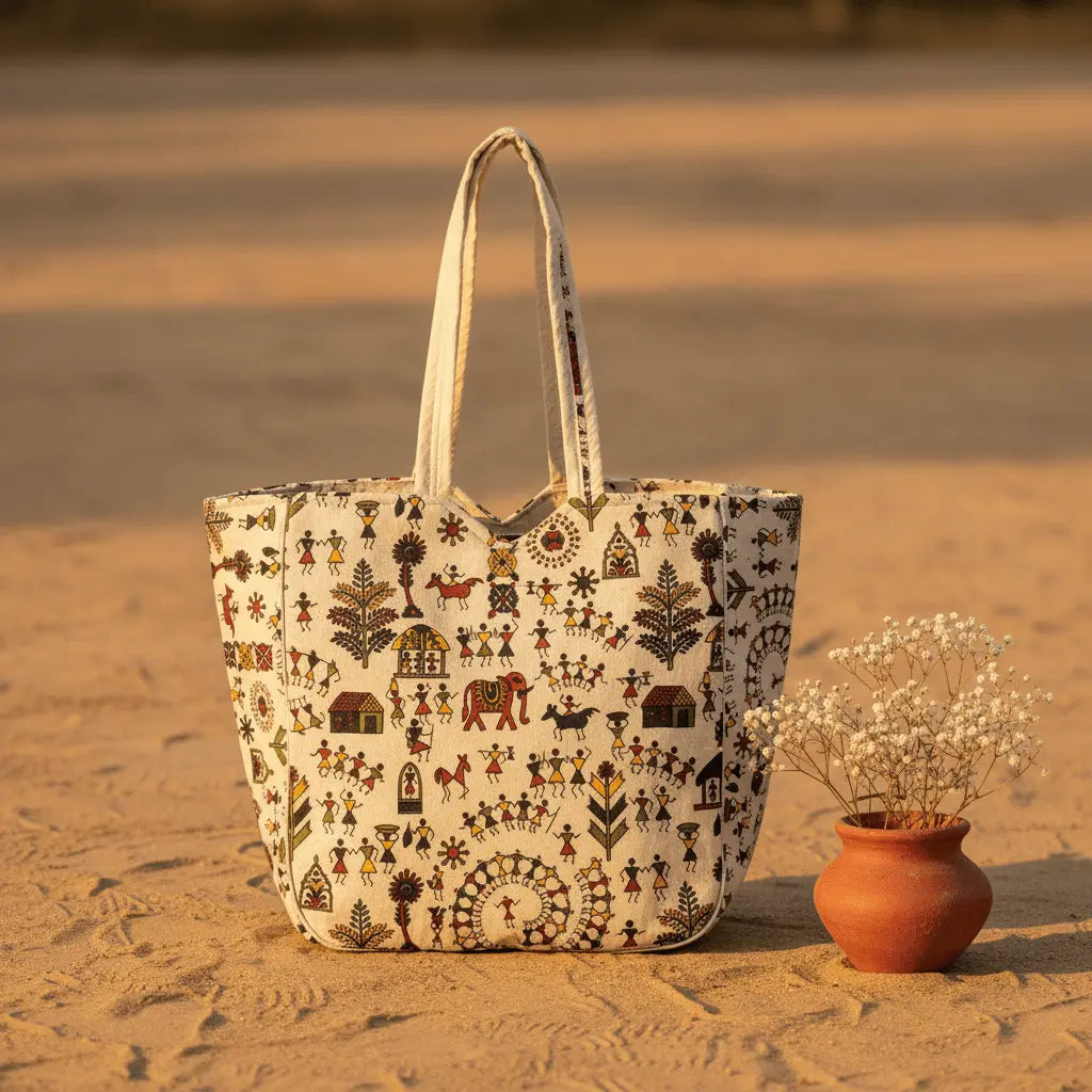 Folk art elephant motif Warli print cotton tote bag – maroon – handmade by Velunora