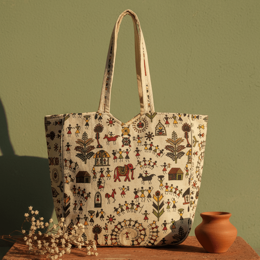 Folk Rhythm Warli Tote - Main_Keyword - Material -  Color - Intent