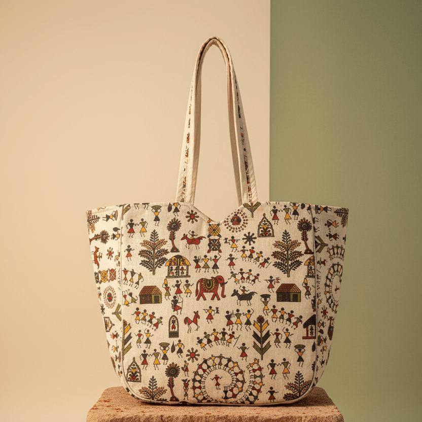 Folk Rhythm Warli Tote - Main_Keyword - Material -  Color - Intent
