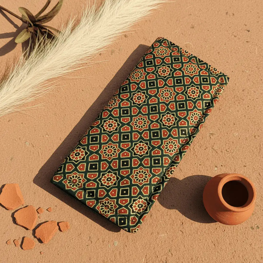 Forest green Ajrakh silk long wallet – naturally dyed artisan wallet by Velunora