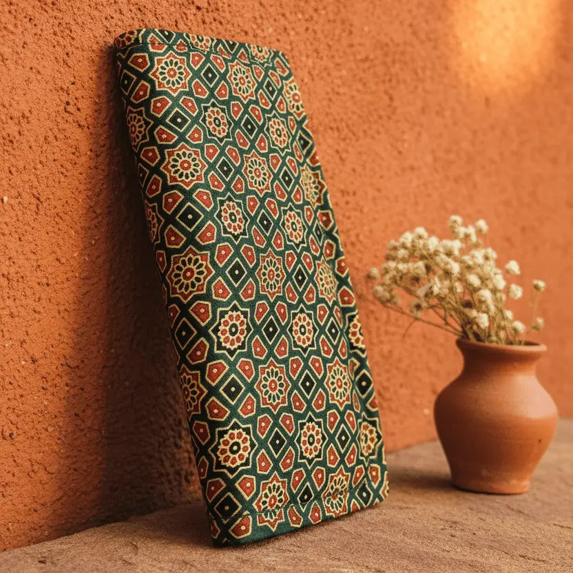 Forest green Ajrakh silk wallet – Indian heritage long wallet by Velunora