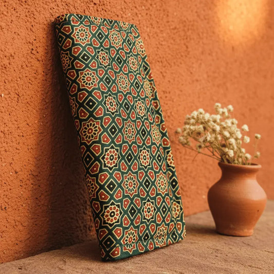 Forest green Ajrakh silk wallet – Indian heritage long wallet by Velunora