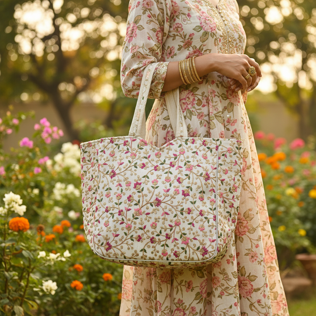 Jaipuri Silk Thread Embroidered Cotton Tote Bag - Main_Keyword - Material -  Color - Intent