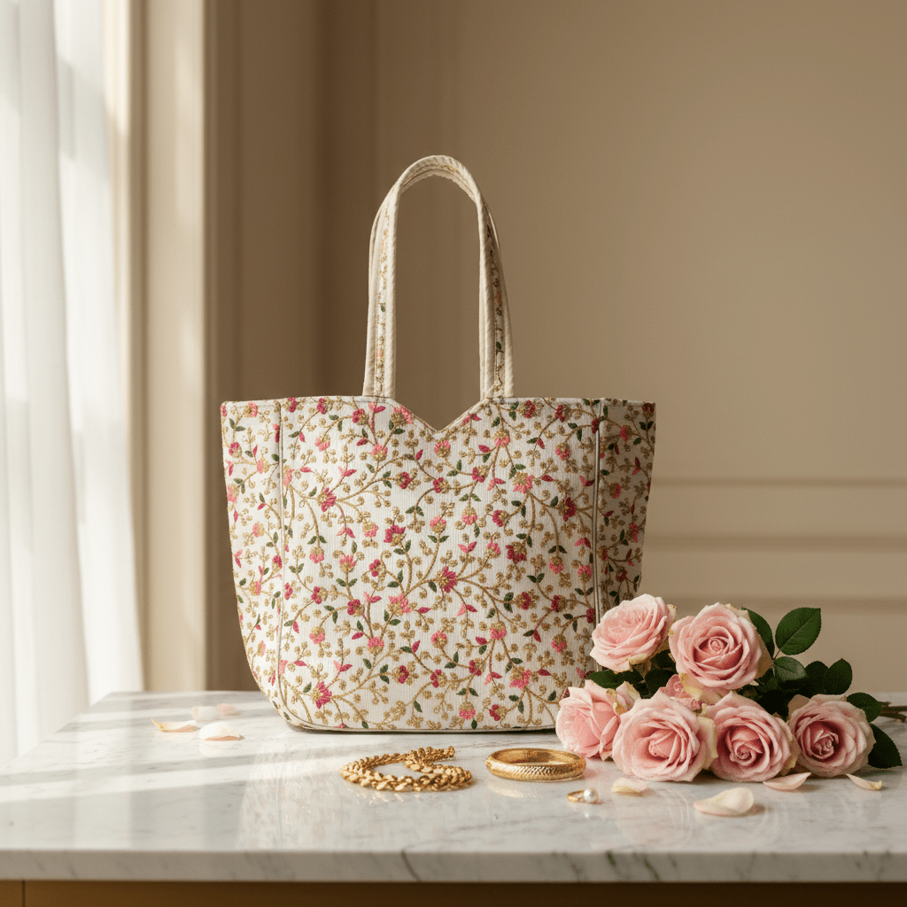 Jaipuri Silk Thread Embroidered Cotton Tote Bag - Main_Keyword - Material -  Color - Intent