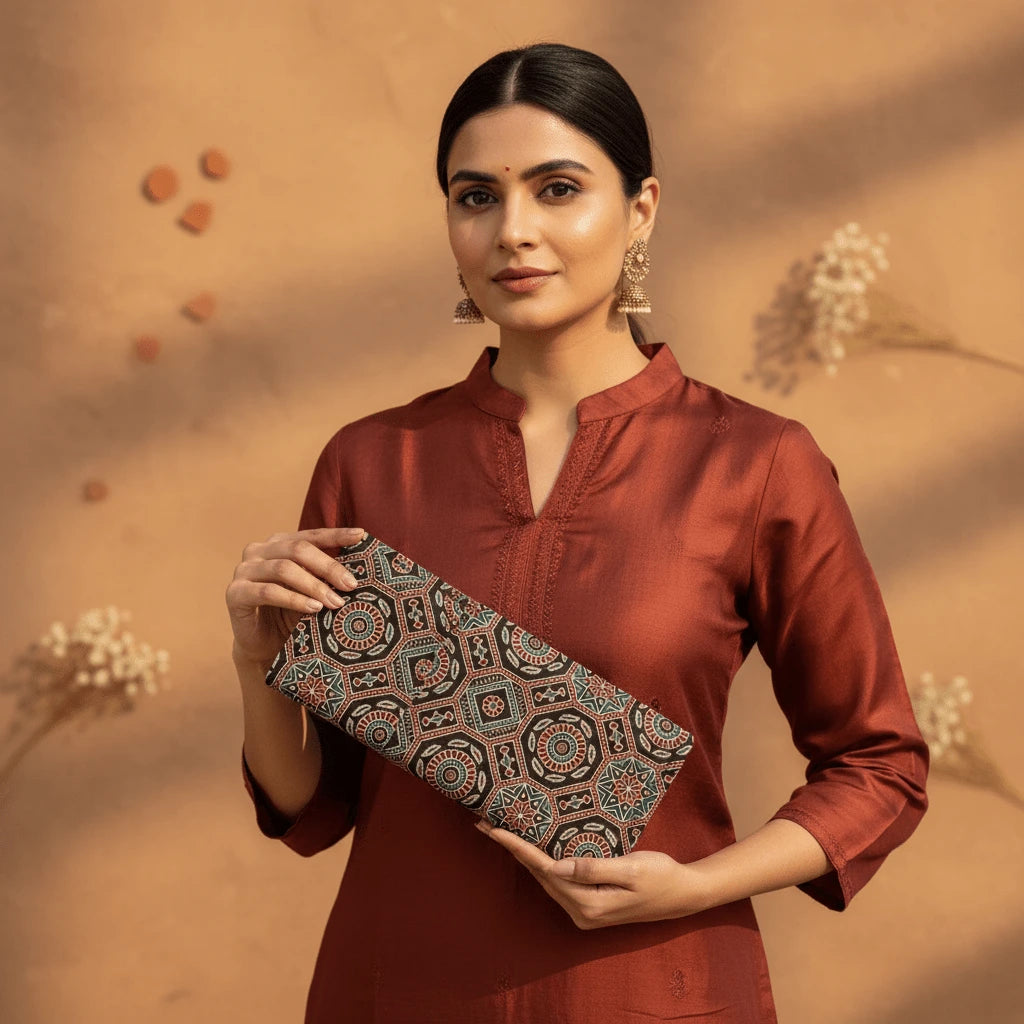 Mandala Ajrakh silk long wallet – brown – naturally dyed artisan wallet by Velunora