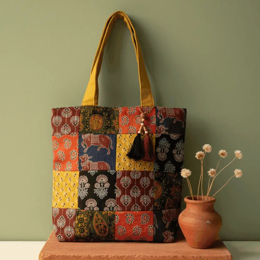 Vibrant patchwork block print cotton tote bag – multicolour – handmade in India by Velunora