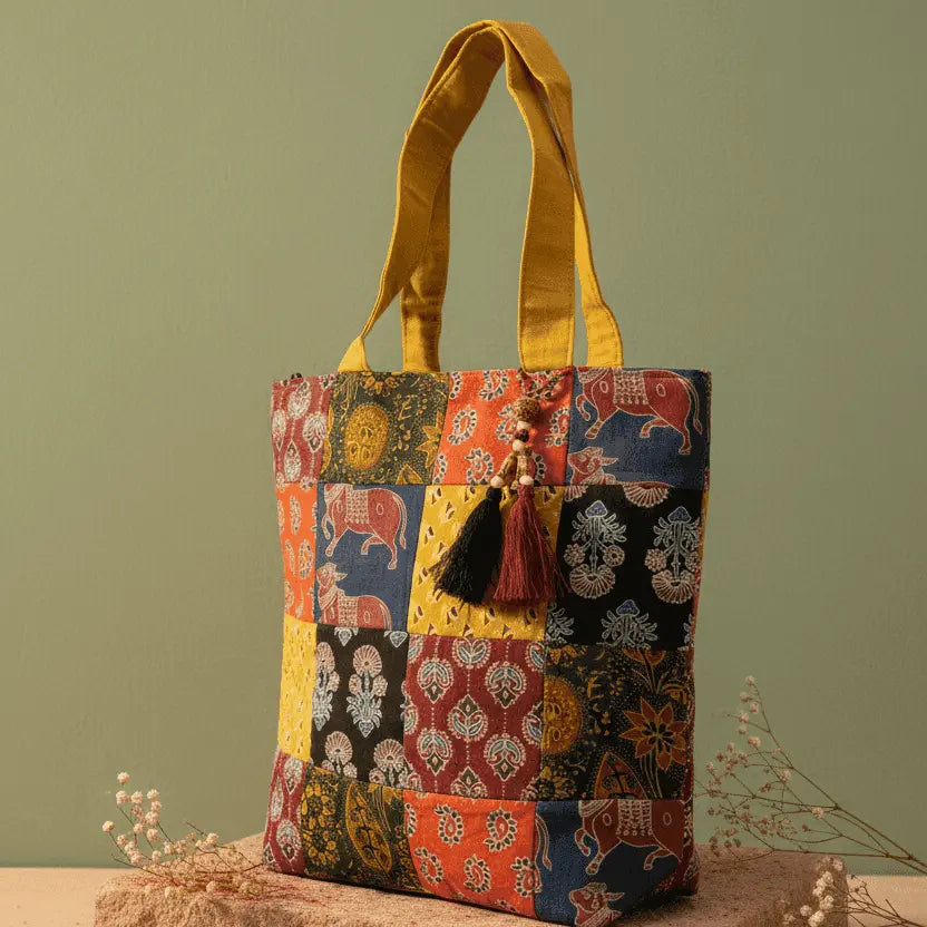Vibrant patchwork block print cotton tote bag – multicolour – handmade in India by Velunora