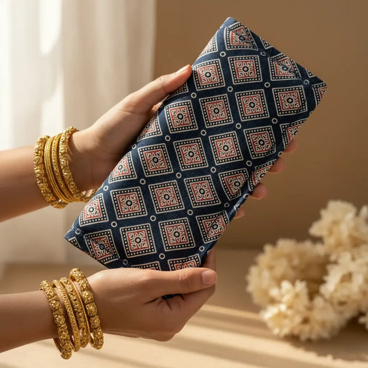 Hand Silk -printed Ajrakh wallet – Indian heritage long wallet by Velunora