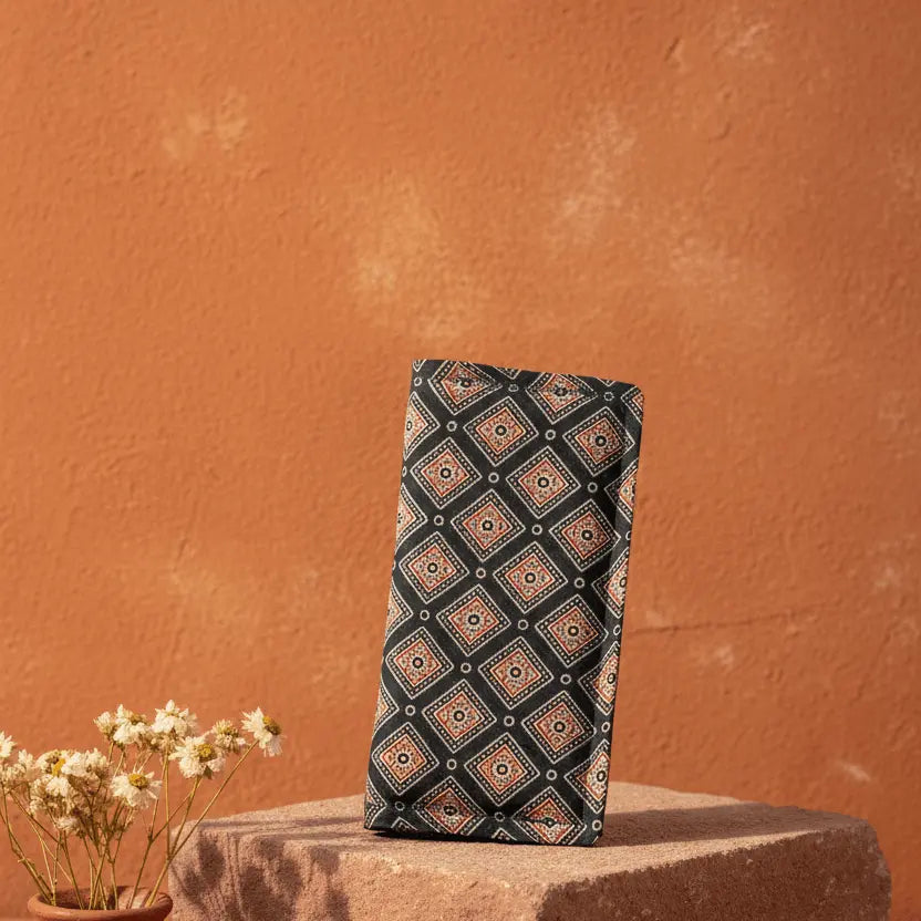 Ajrakh Silk-print detail – naturally dyed navy fabric wallet by Velunora