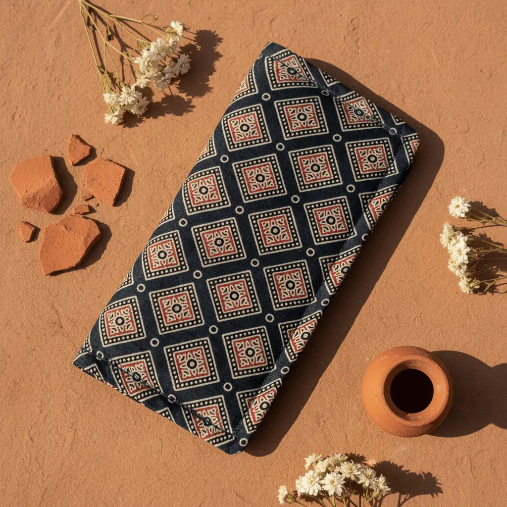 Navy diamond Ajrakh Silk long wallet – artisan wallet by Velunora In