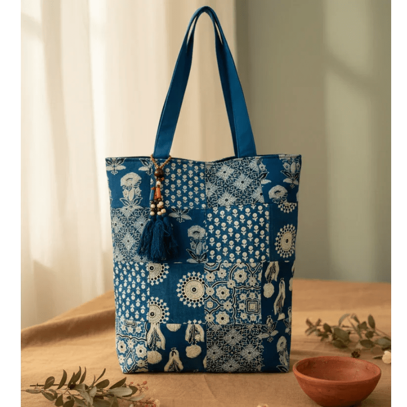 Neel Virasat Indigo Patchwork Tote Bag - Main_Keyword - Material -  Color - Intent
