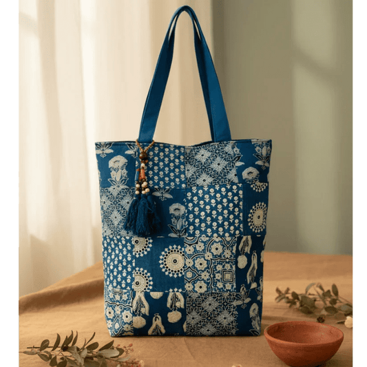 Neel Virasat Indigo Patchwork Tote Bag - Main_Keyword - Material -  Color - Intent