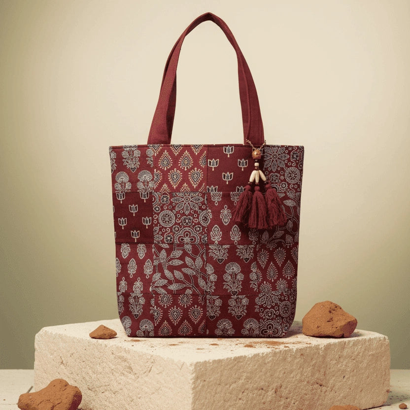 Rang Bhoomi patchwork block print cotton tote bag – multicolour – handmade in India by Velunora