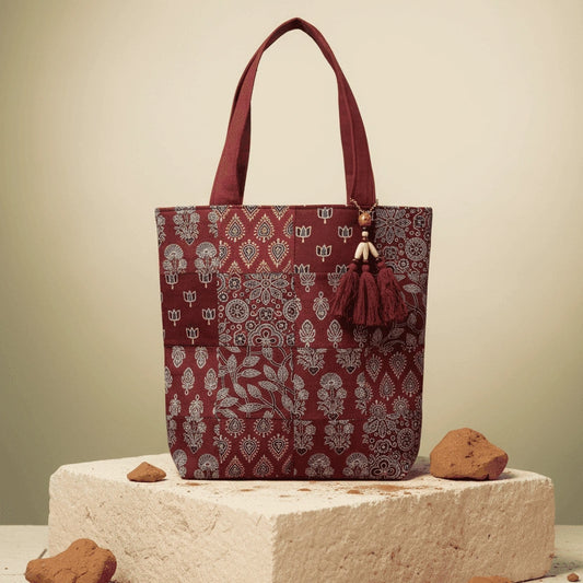 Rang Bhoomi patchwork block print cotton tote bag – multicolour – handmade in India by Velunora