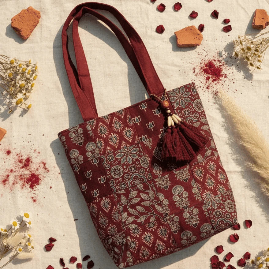 Rang Bhoomi patchwork block print cotton tote bag – multicolour – handmade in India by Velunora