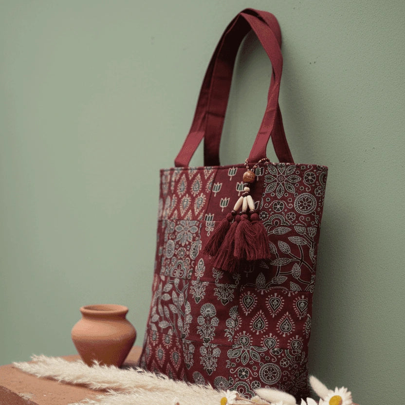 Rang Bhoomi patchwork block print cotton tote bag – multicolour – handmade in India by Velunora